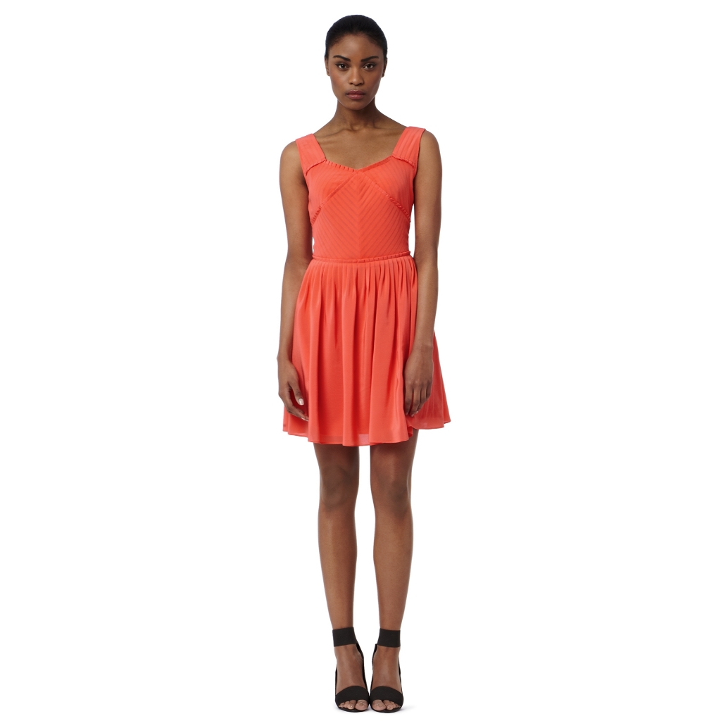 Reiss Leia Pleat Detail Dress Coral Orange